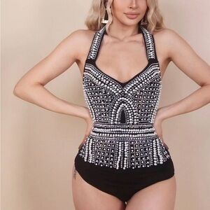 New Black and Pearl Halter bodysuit size XS
